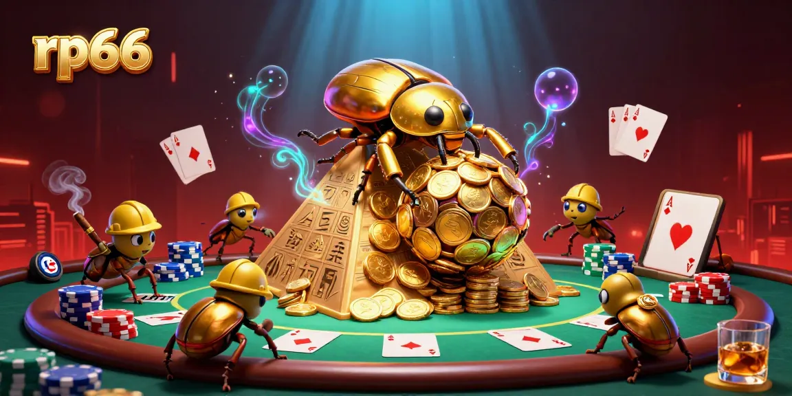 Experience thrilling wins at rp66 with vibrant casino elements surrounding golden beetles.