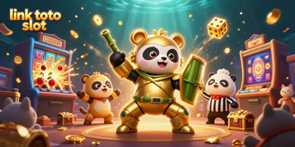 Gambarkan aksi menarik dari link toto slot dengan robot panda emas dalam arena memukau.
