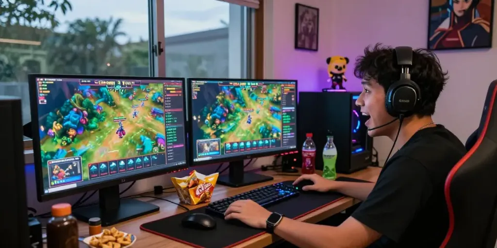 Gamer menikmati pengalaman Cirebon Toto dengan monitor canggih dan suasana nyaman yang menarik.