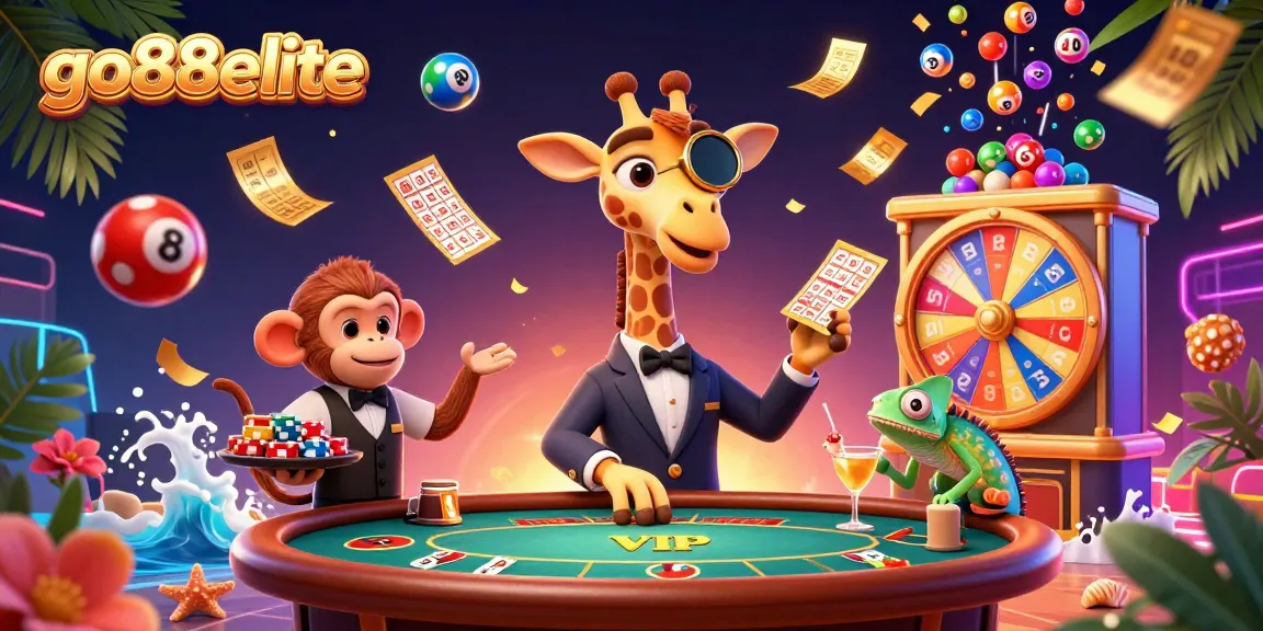 Win big with go88elite as a high-roller giraffe enjoys poker with colorful lottery balls.