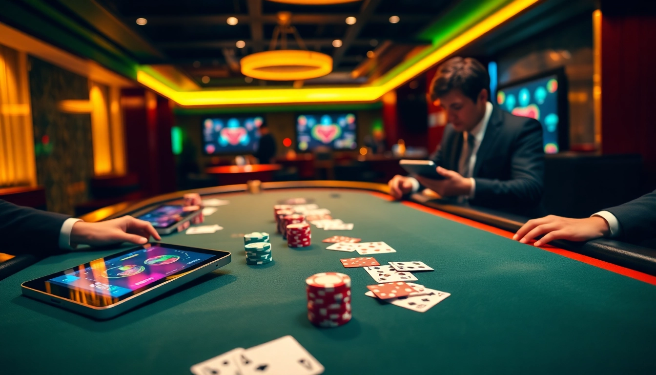 Experience poker online with vibrant poker chips and digital gameplay in a luxurious casino setting.