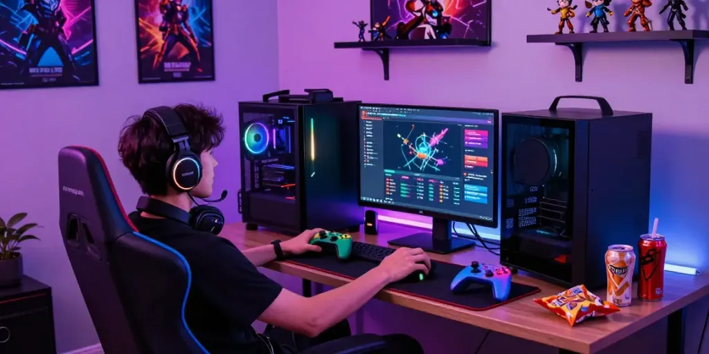 Gamer menikmati pengalaman bermain bukumimpi138 di setup modern dengan monitor dan aksesori gaming.