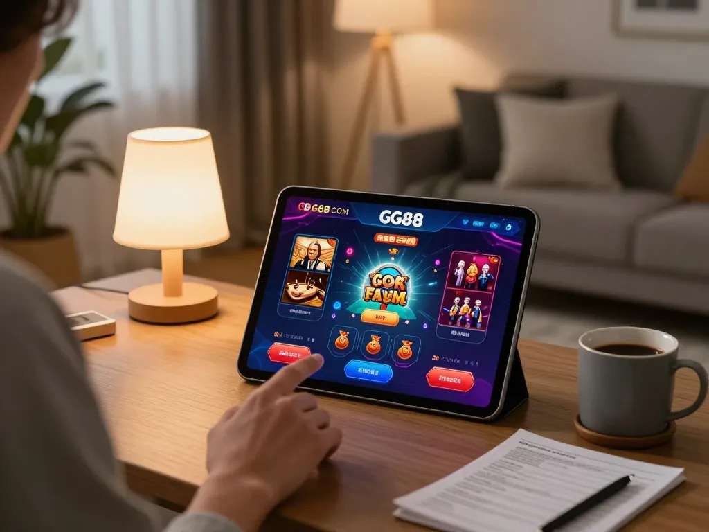 Gambling enthusiast exploring GG88 COM app on tablet in a cozy living room setting