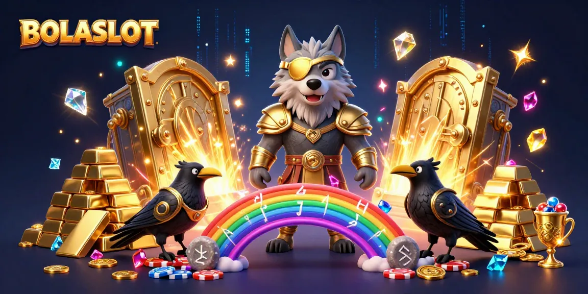 BOLASLOT illuminates excitement with a mythological wolf and ravens amidst vibrant casino treasures, enhancing your gaming experience.