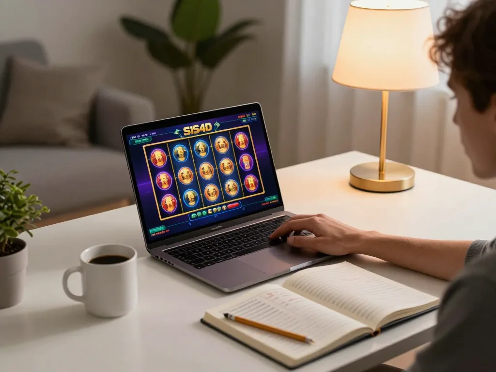 Engaging with SIS4D's slot game on a laptop in a cozy home setup.