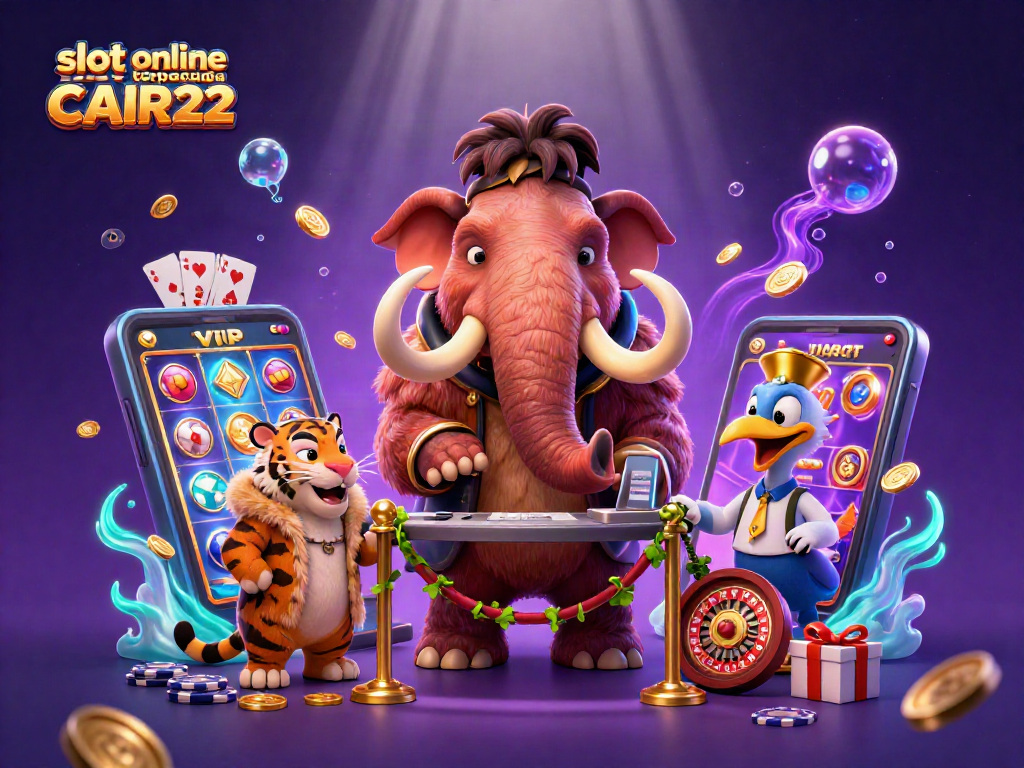 Engage with slot online terpercaya CAIR22 as the woolly mammoth checks IDs at a glamorous casino entrance.