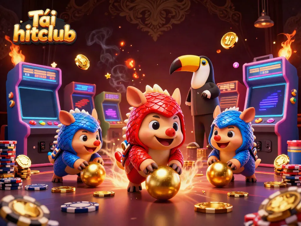 Experience the excitement as you tải hitclub with charming pangolins amidst poker chips and dynamic gaming elements.