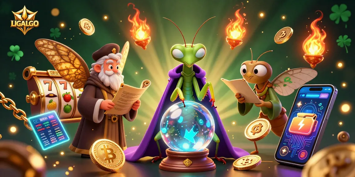 LIGALGO slots jackpot scene with magical characters, vibrant neon coins, and mystical elements.