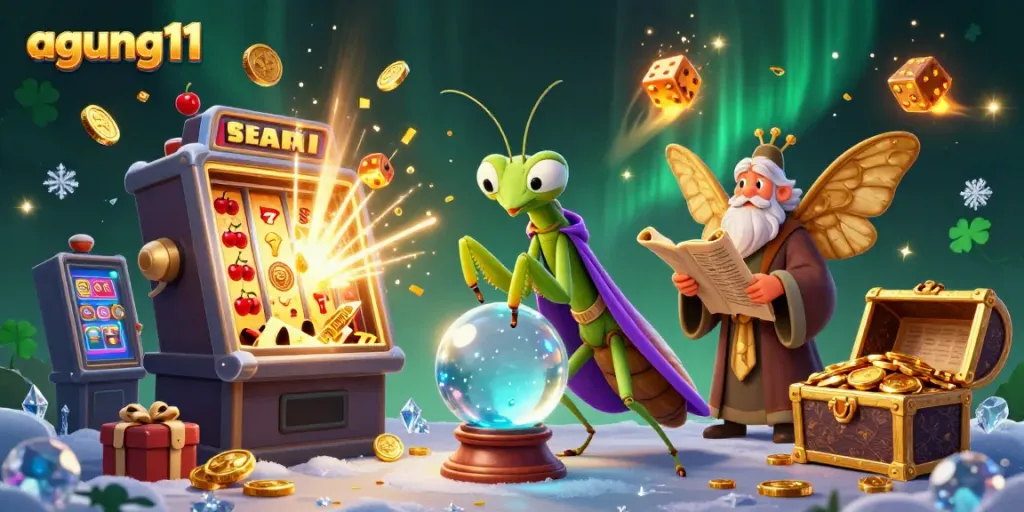 Experience the magic of agung11 with a fortune teller and librarian presenting dazzling casino game elements.