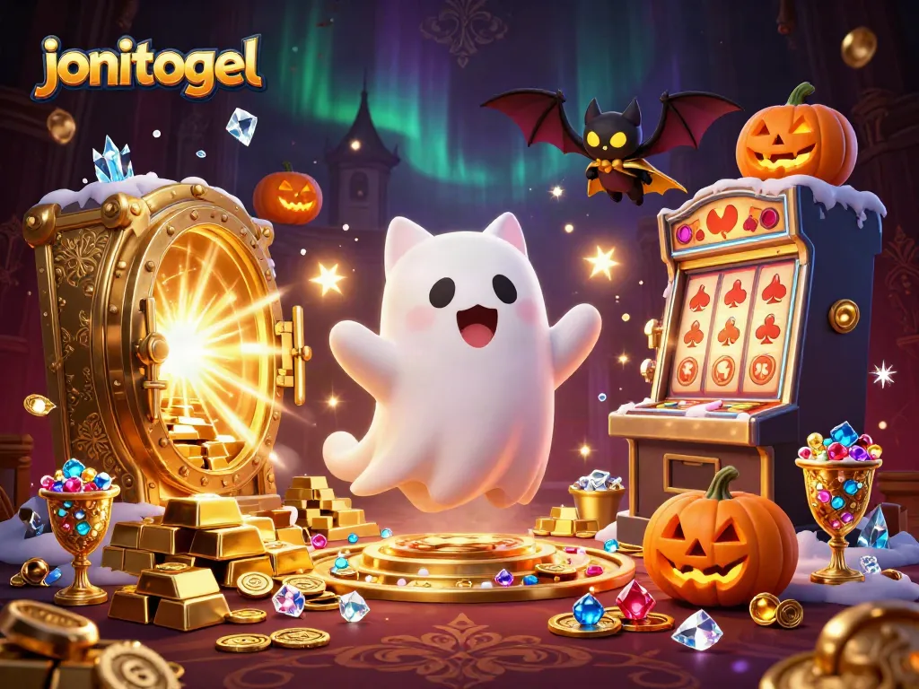 Experience thrilling gameplay with jonitogel in a vibrant haunted casino scene filled with ghostly excitement.