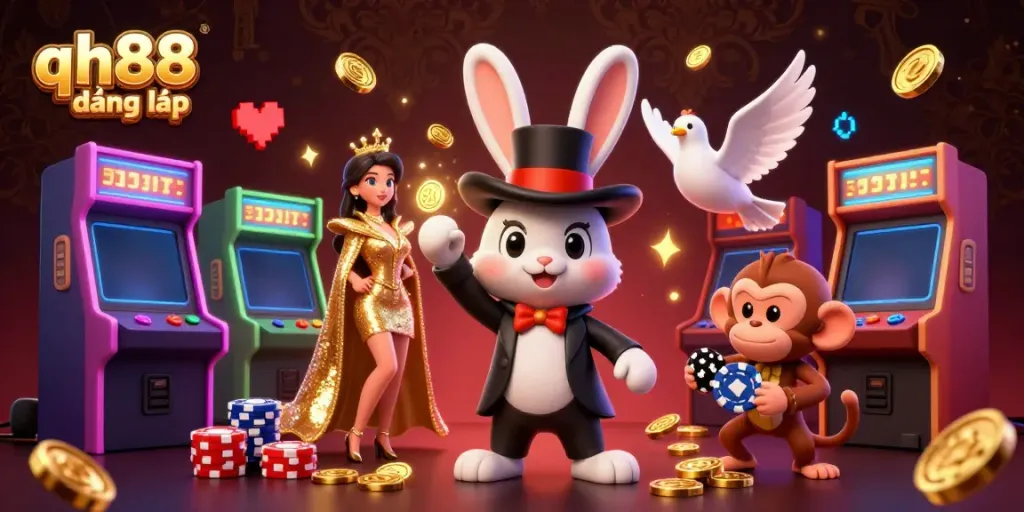 Experience seamless gaming with qh88 đăng nhập, showcasing a whimsical scene of a magician, dove, and monkey among vibrant casino elements.