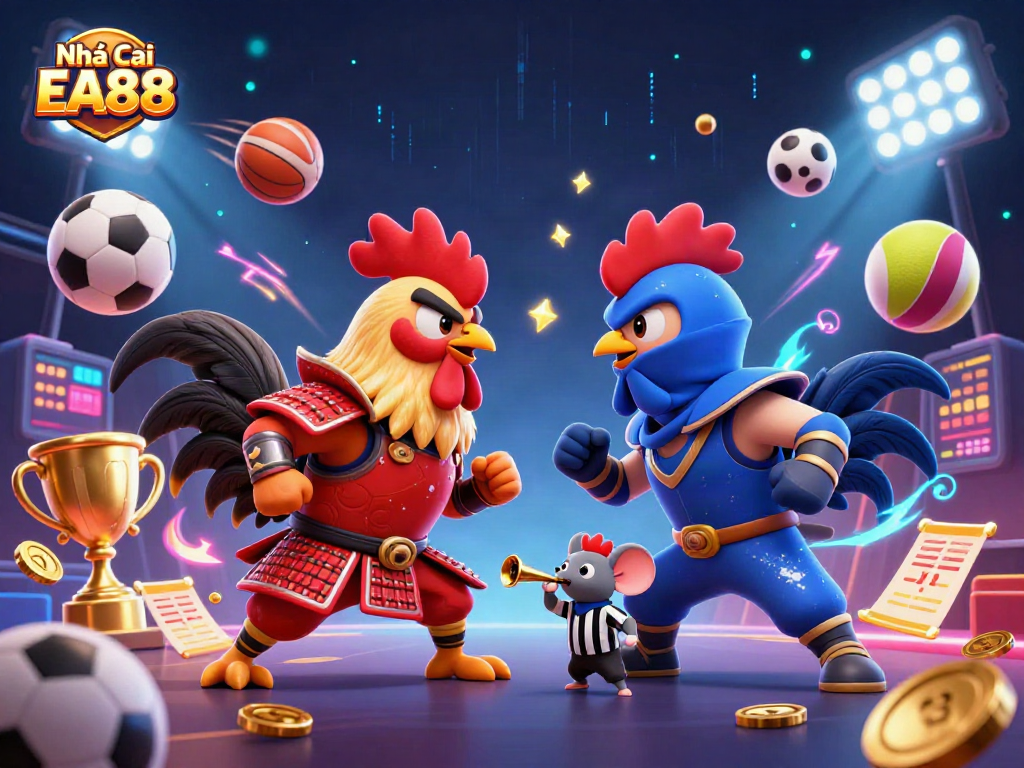 Engage in thrilling betting action with Nhà Cái EA88, featuring dynamic cartoon roosters and vibrant sports elements.