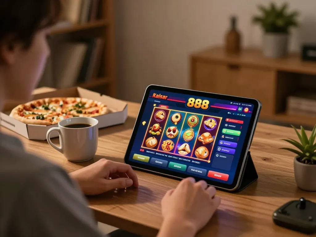 Engaging with the kaisar 888 casino app during a cozy home gaming night, immersive digital entertainment experience.