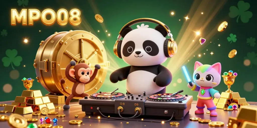 MPO08 offers a lively casino-themed scene showcasing a DJ panda and monkey amidst treasures and pokies.