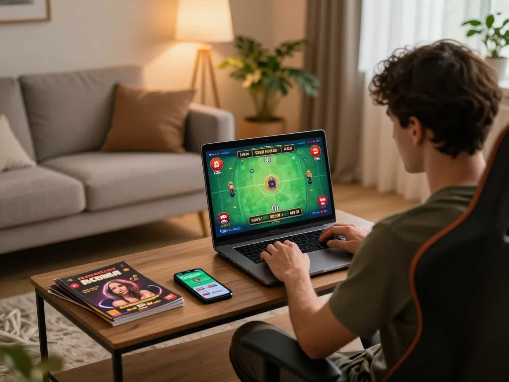 Login to your online casino while enjoying a cozy home atmosphere with a laptop and betting apps.