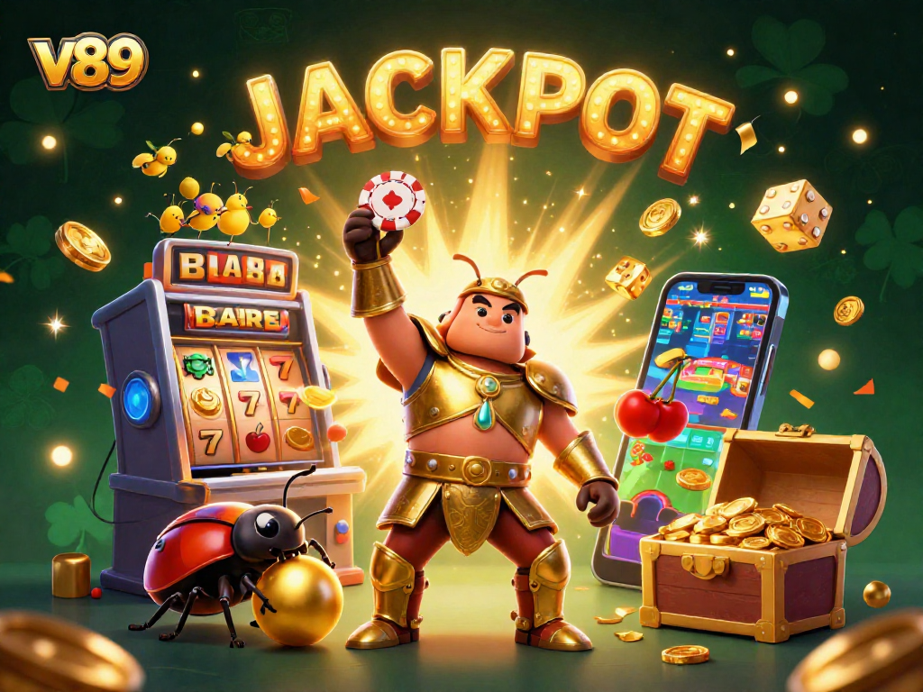 V89 menghadirkan slot gacor dengan karakter kumbang yang menang di atas tumpukan koin emas, menyimbolkan kemenangan besar.