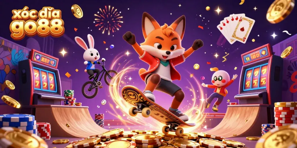 Experience the excitement of xóc đĩa go88 with vibrant characters and casino symbols in a festive scene.