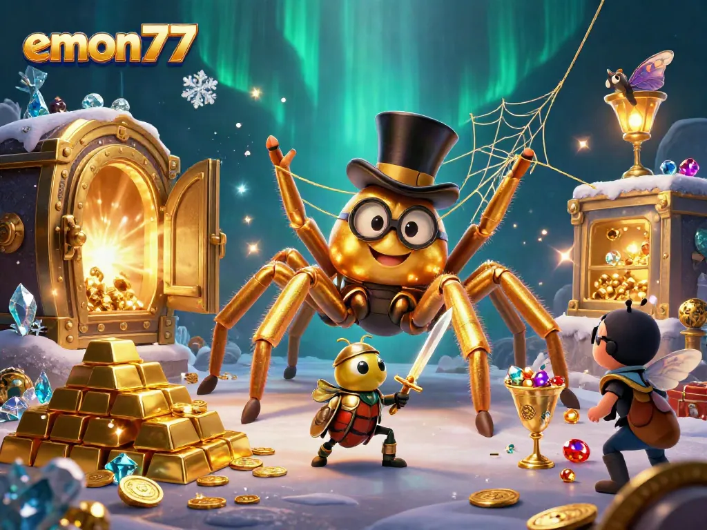 Experience exhilarating gaming with emon77, featuring a dynamic scene with a golden tarantula and vibrant casino elements.