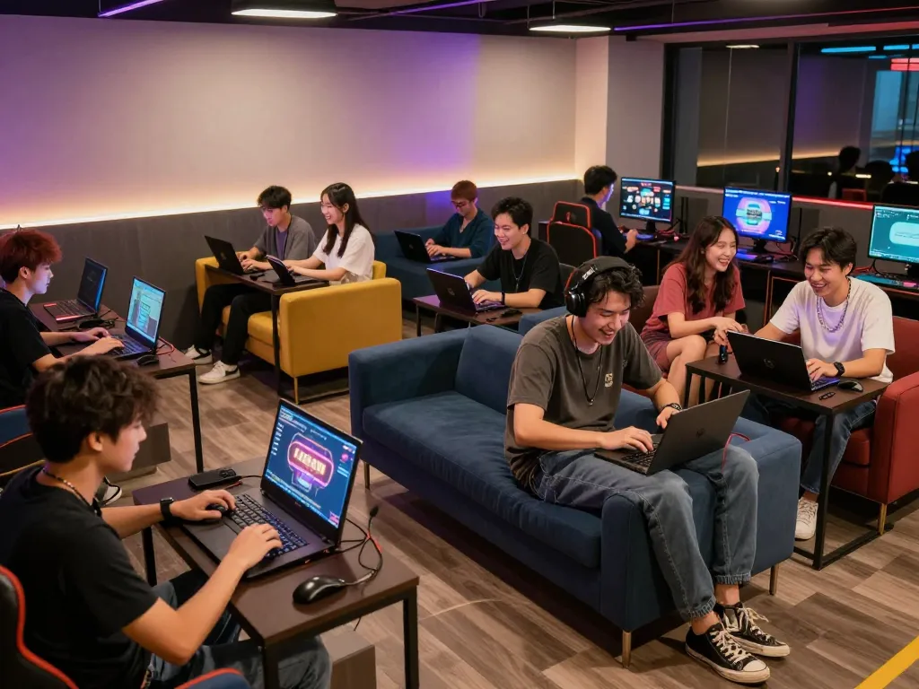 Xóc đĩa gameplay in modern gaming lounge with friends engaging in online betting