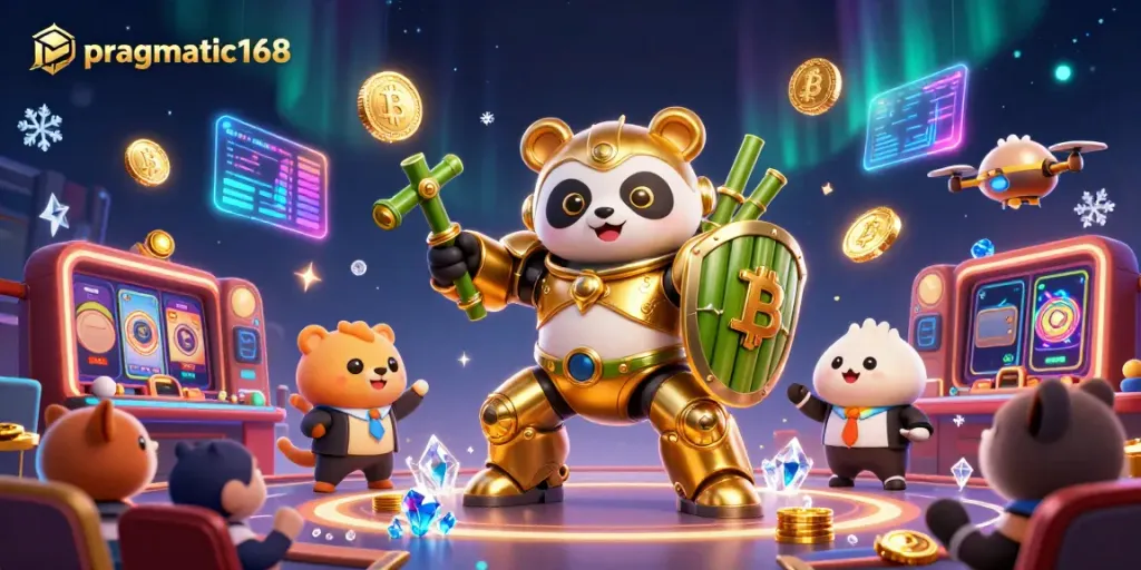 Engage with immersive gaming at pragmatic168 featuring dynamic 3D illustrations of a golden panda robot in action.