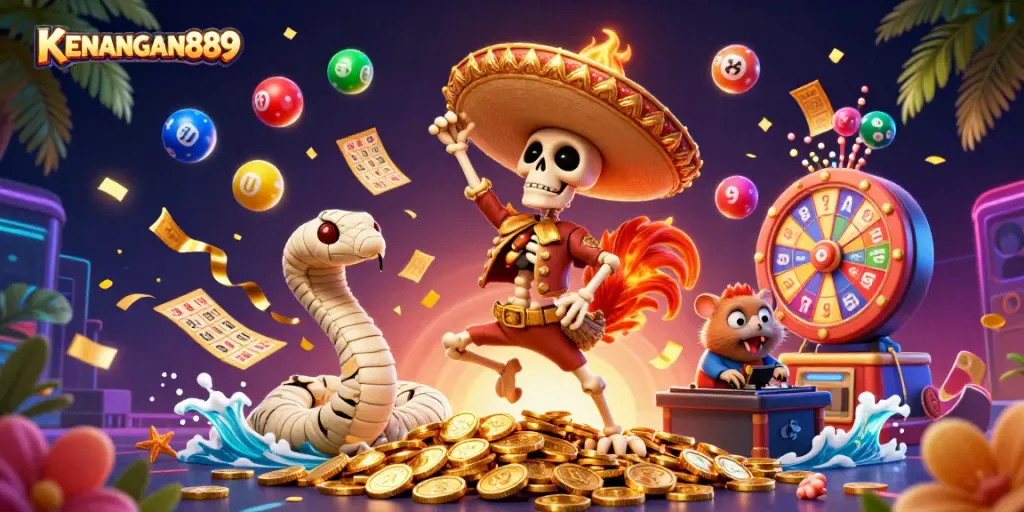 KENANGAN889 pulsates with excitement as a mariachi rooster celebrates amid dynamic lottery elements.