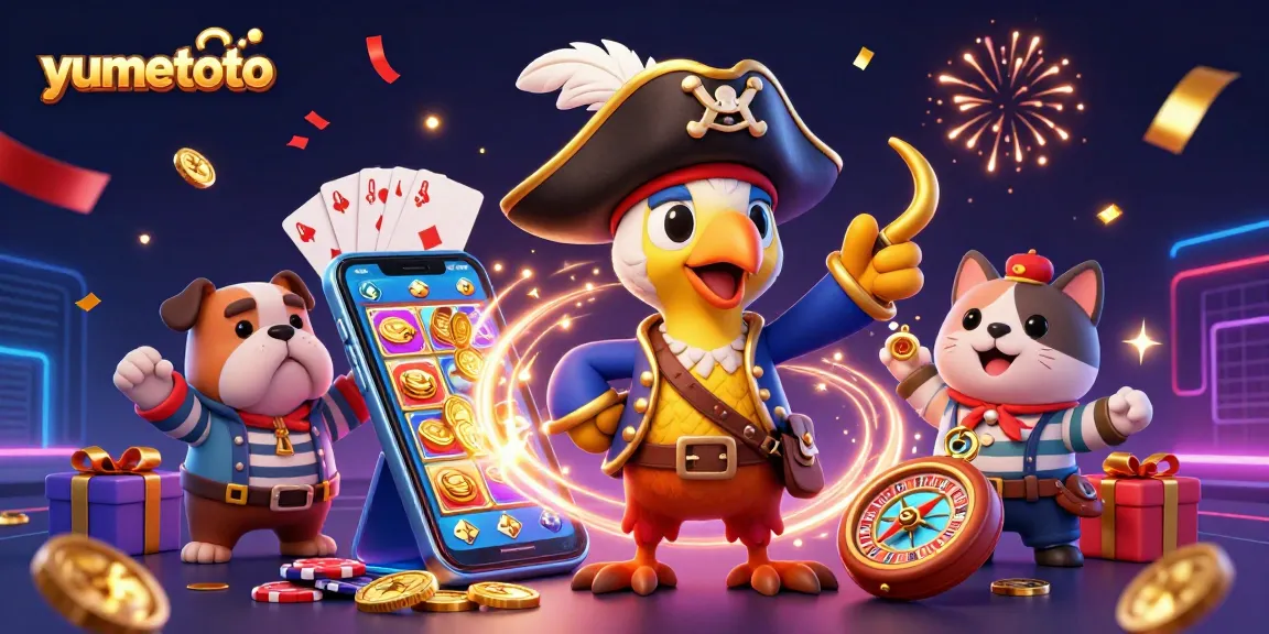 Spin colorful slot games with yumetoto, featuring a vibrant 3D scene of a pirate captain, bulldog, and cat.