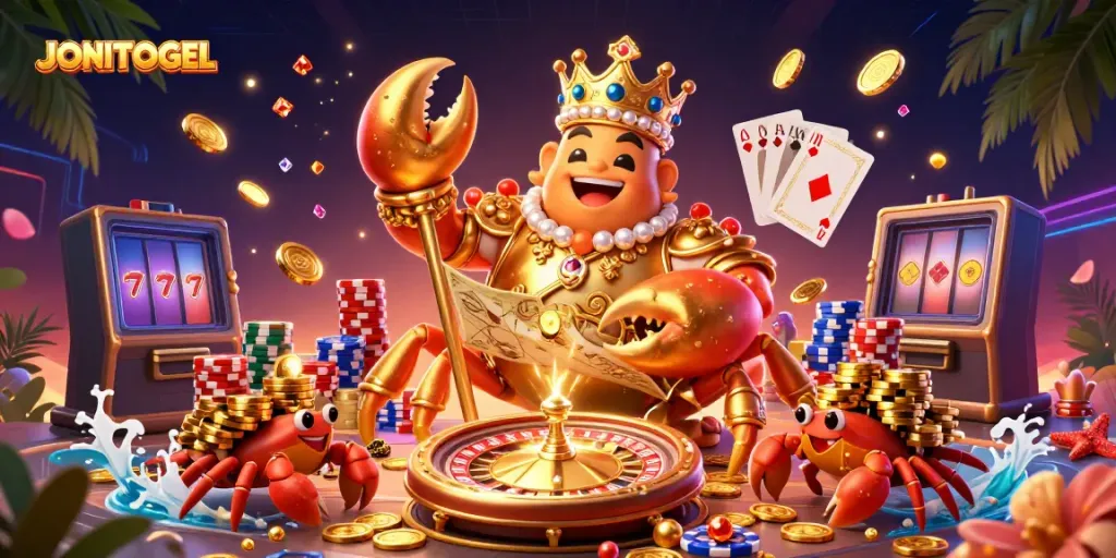 Experience the excitement of JONITOGEL with a golden crab emperor and dynamic gambling elements.