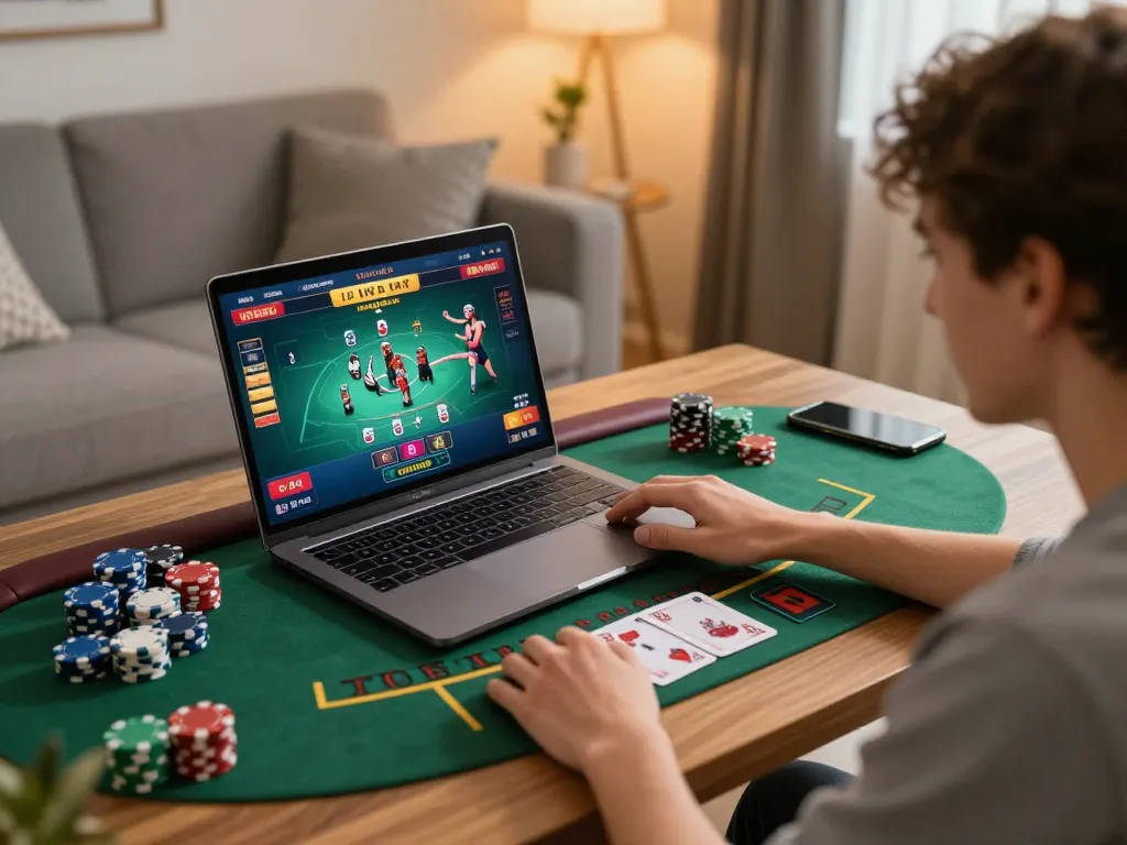 Engaging in a live casino game on 78win laptop from a cozy home setup.