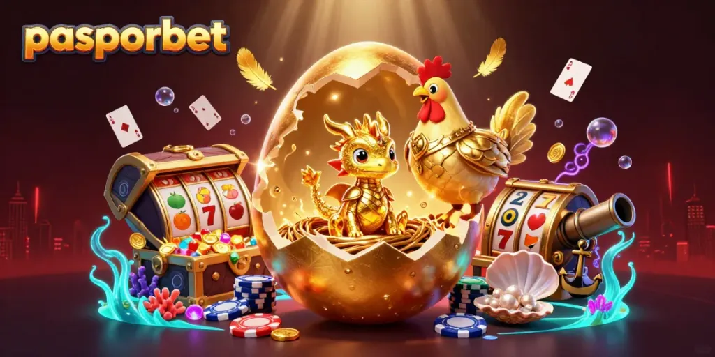 Permainan menguntungkan di pasporbet dengan naga emas dan chip poker dalam ilustrasi kasino ceria.
