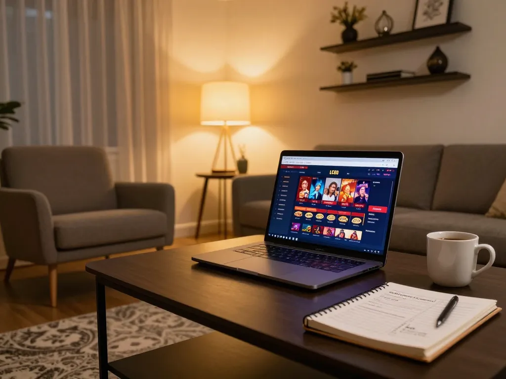 Engaging online casino interface on LC88 displayed on laptop with warm home ambiance