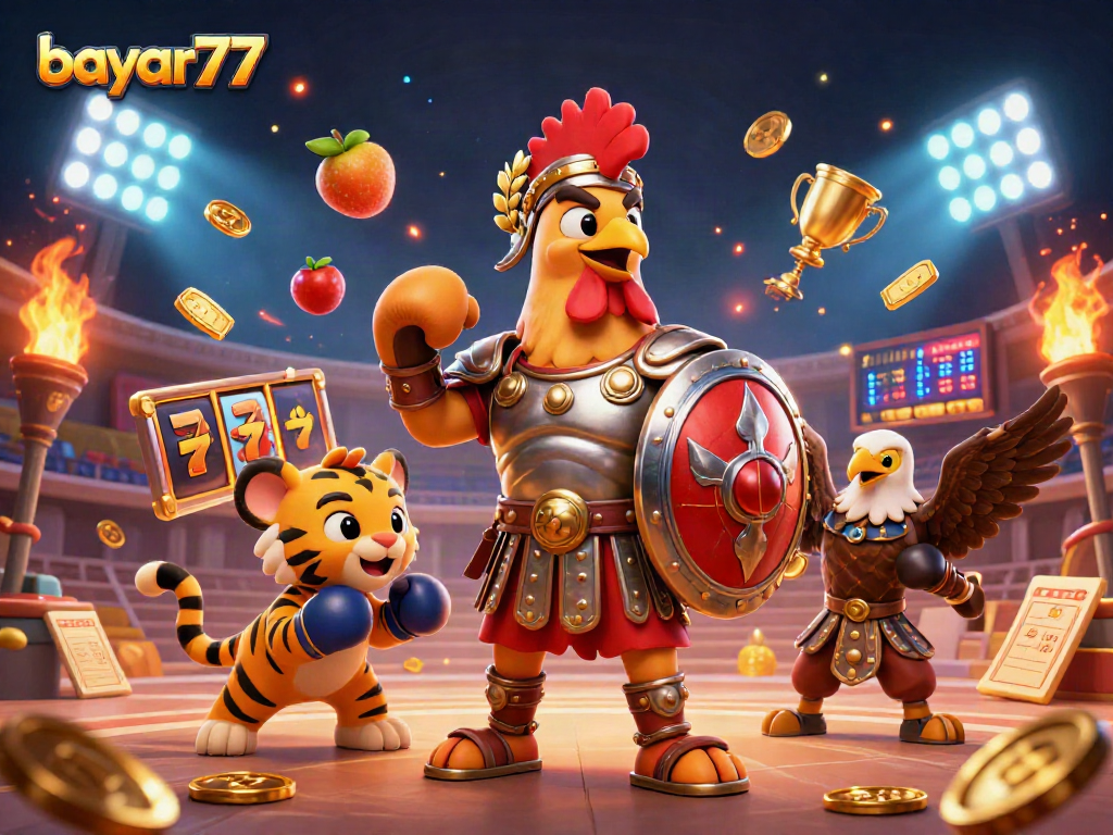 Bayar77 menghadirkan ilustrasi kasino dengan ayam jantan gladiator di arena, penuh dengan elemen slot dan koin