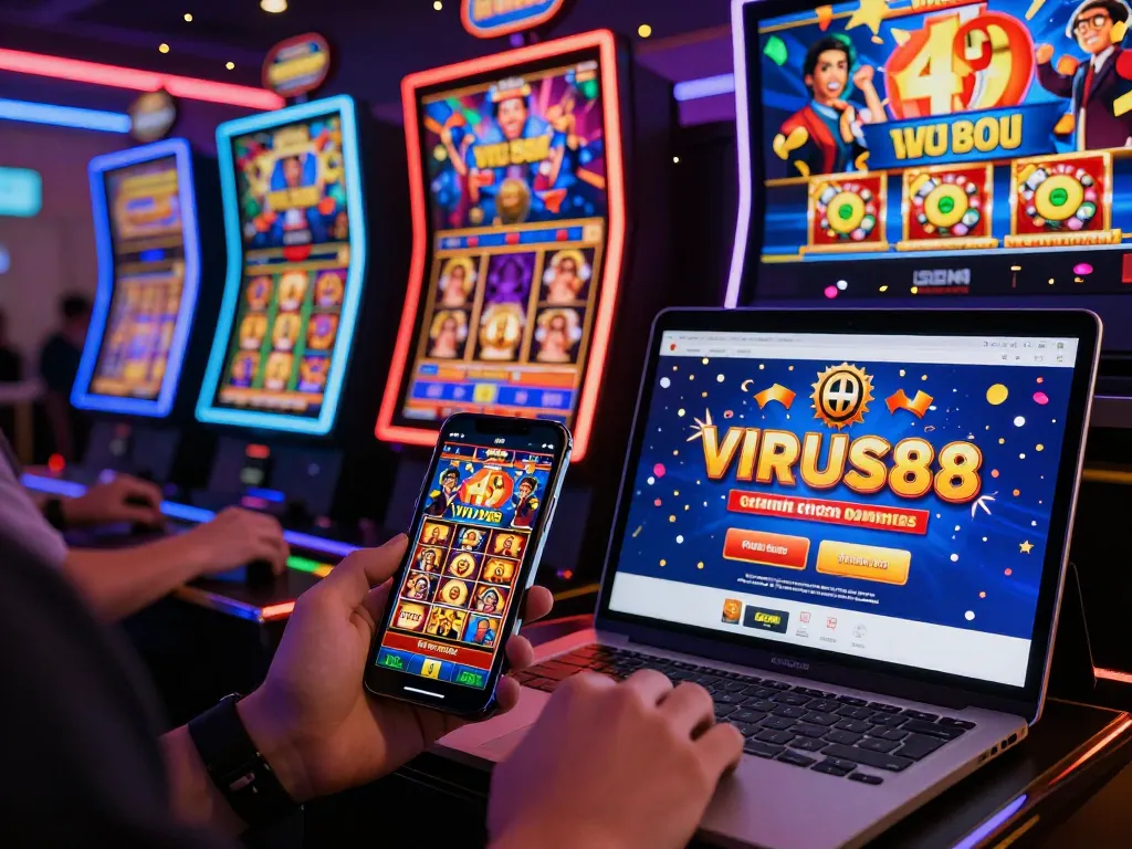 Lingkungan game online yang menarik menampilkan permainan slot virus88, pemain merayakan kemenangan.