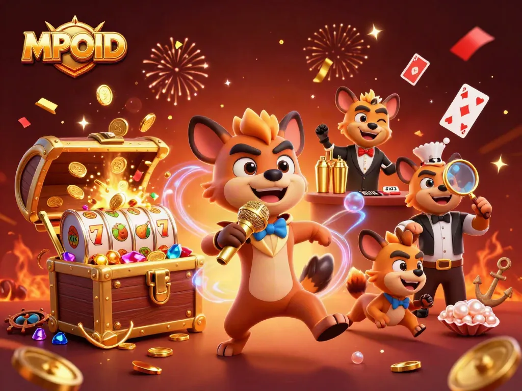 MPOID hyenas at a vibrant casino, showcasing a comedy act, bartender's flair, and security checking IDs