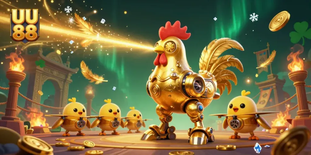 Experience thrilling gameplay at UU 88 with a dynamic 3D illustration featuring a golden rooster robot and chick drones.