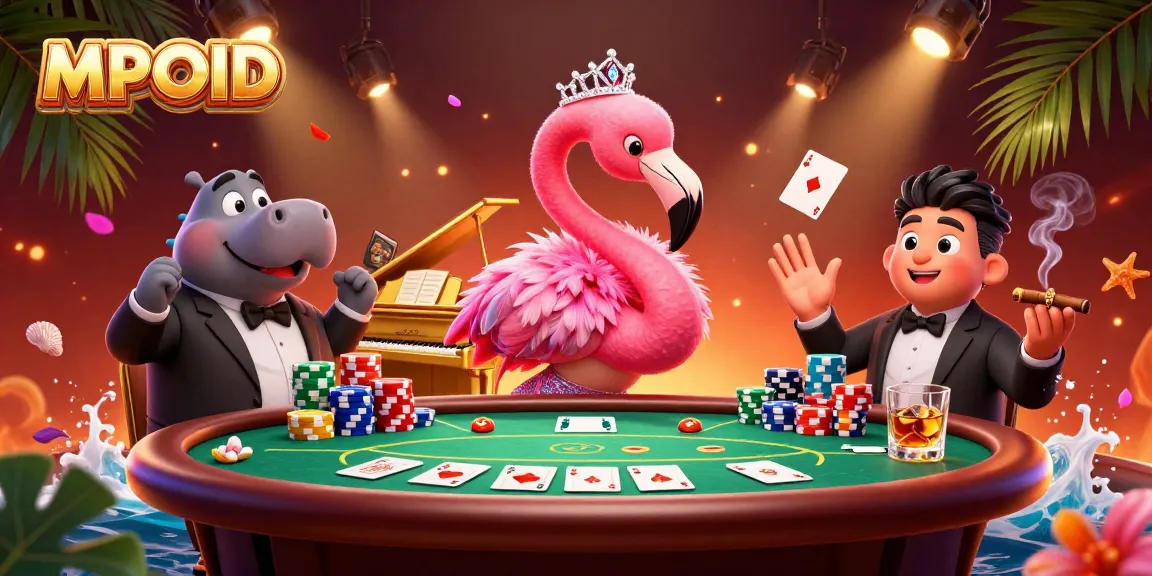 MPOID casino scene featuring a flamingo lounge singer and hippo musician amidst vibrant poker elements.