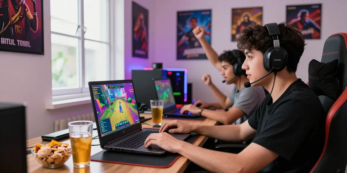 Engaged gamer enjoying situs togel on gaming laptop with snacks and community atmosphere