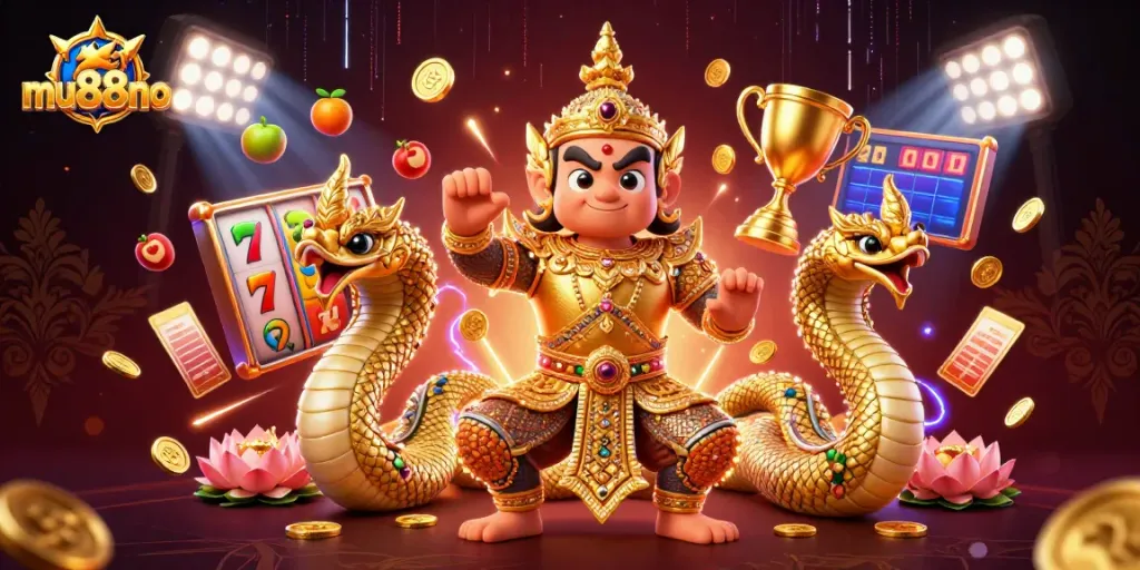 Experience thrilling gameplay with mu88no's vibrant 3D casino scene filled with exciting slot reels and energetic characters.