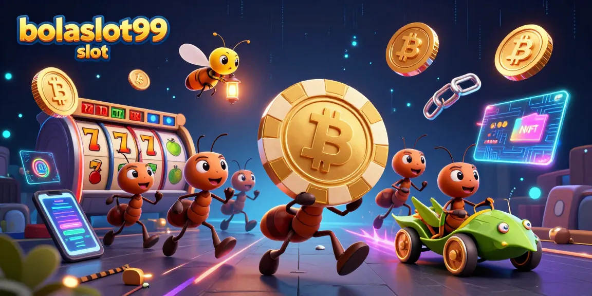 Bolaslot99 slot features a heist theme with ants, poker chips, and dynamic casino elements.