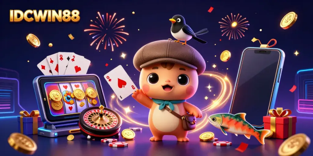 Win dynamic rewards with IDCWIN88 featuring playful characters and vibrant casino game elements.