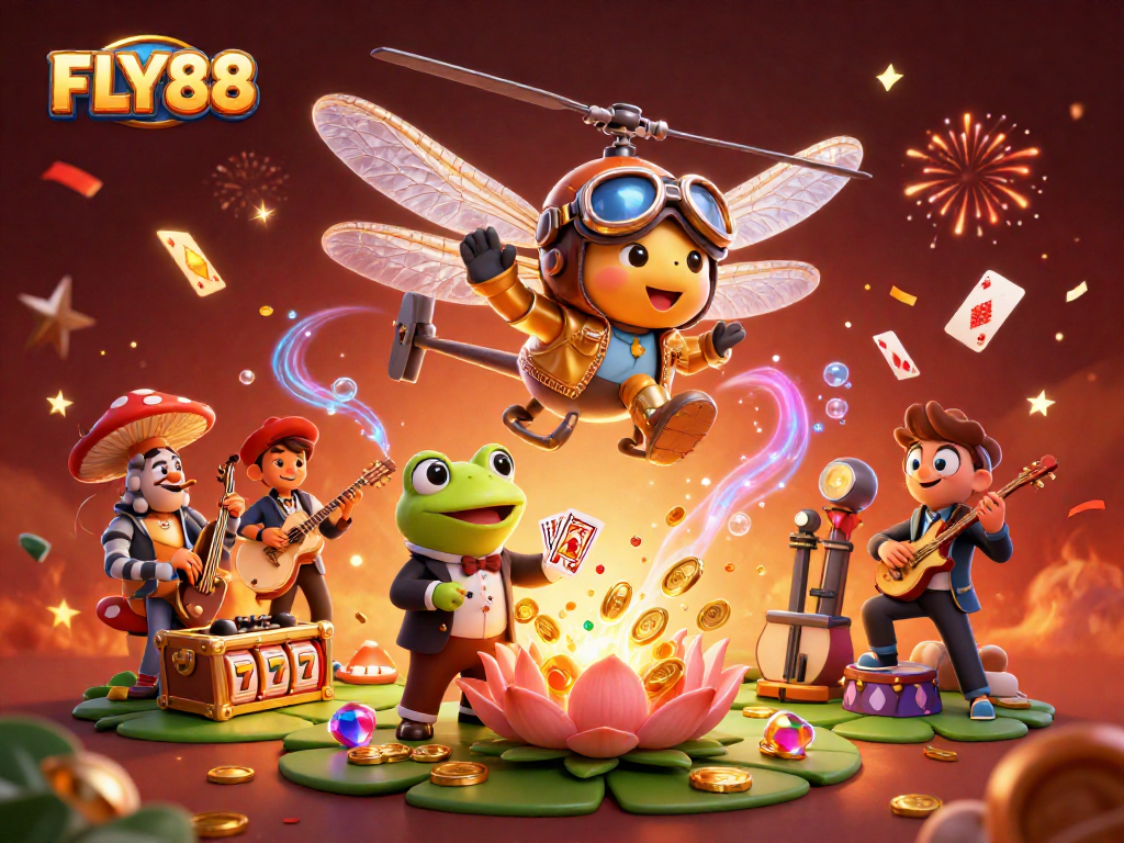 Engage with the vibrant FLY88 online gaming scene featuring a dragonfly pilot and frog croupier.