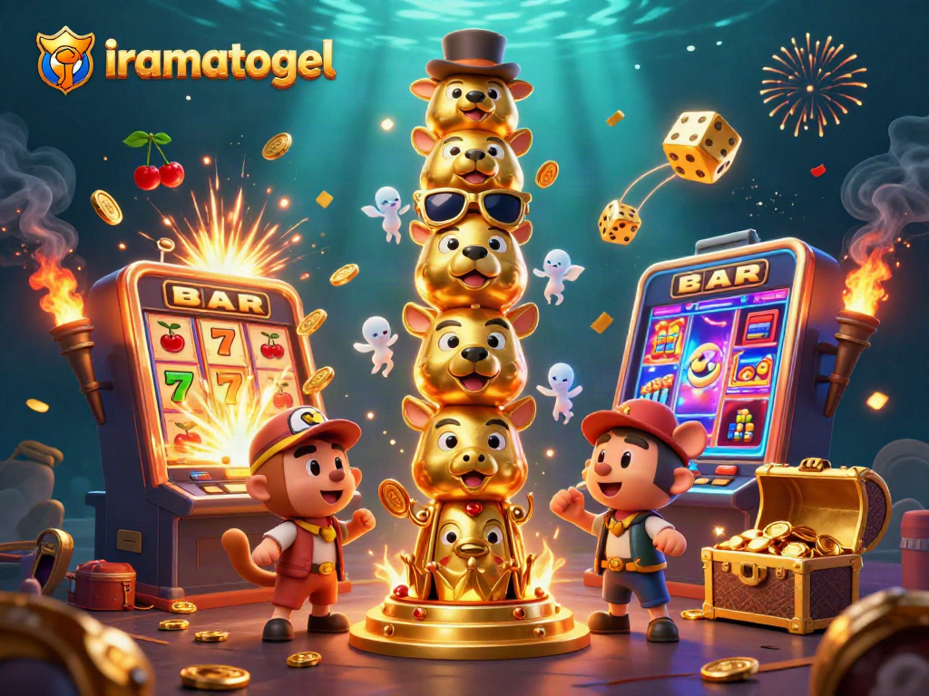 Memenangkan jackpot di iramatogel dengan mesin slot dan totem emas penuh keceriaan.