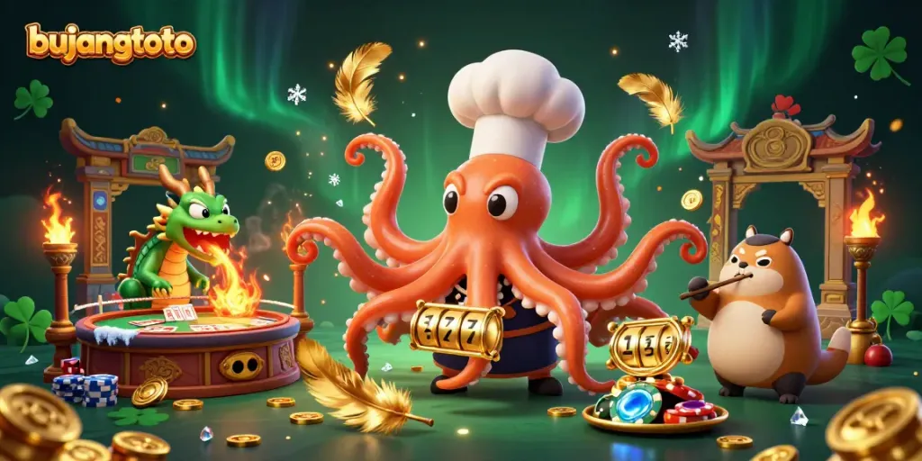 Bujangtoto features dynamic gameplay with a vibrant octopus chef, dragon, and tanuki in a lively casino scene.