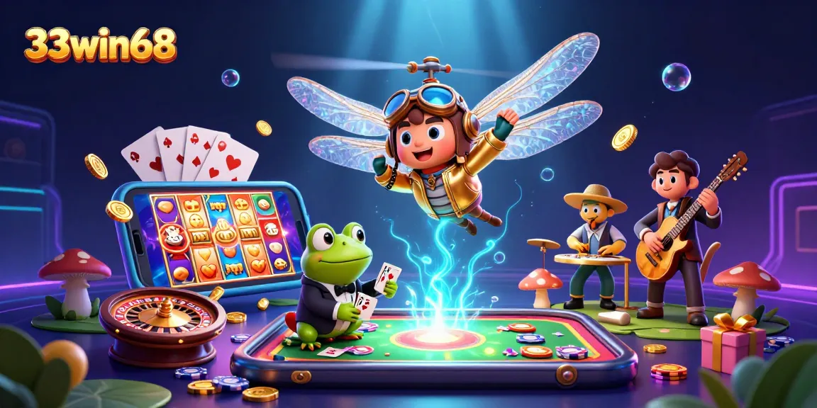 Engage with the vibrant 33win68 casino scene featuring a dragonfly pilot and frog dealer amidst thrilling gaming action.