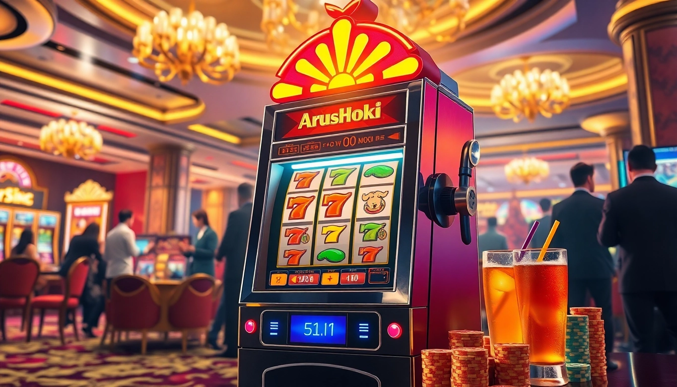 Mainkan ArusHoki dalam suasana kasino yang meriah, dengan slot penuh warna dan cahaya terang.