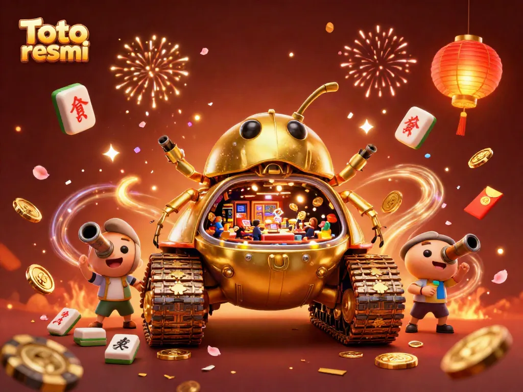 Slot jackpot meriah di Toto resmi dengan mobil tank kasino mengagumkan dan hiasan kemeriahan.