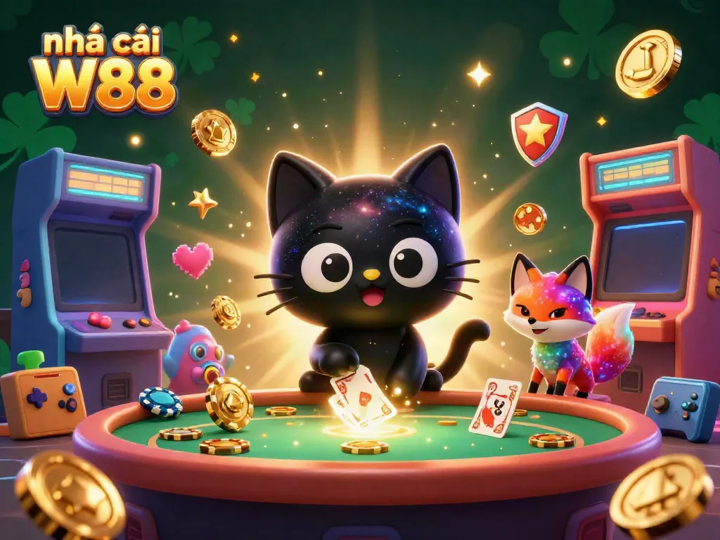 Experience the thrill of nhà cái W88 with a captivating cosmic casino scene featuring a black hole cat.