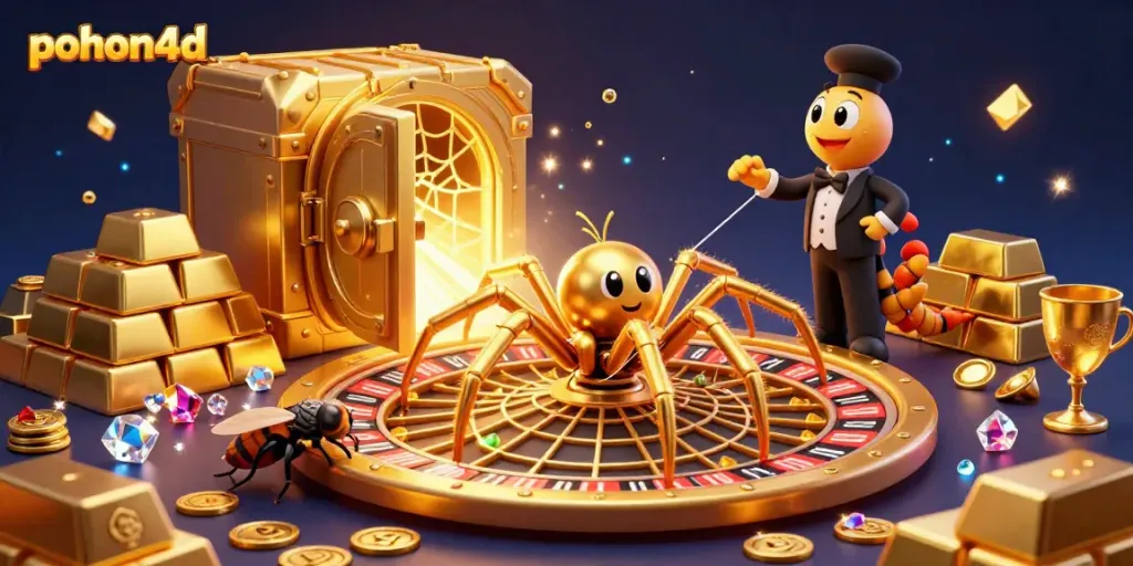 Witness the pohon4d golden spider spinning a roulette-themed web in this captivating casino scene.