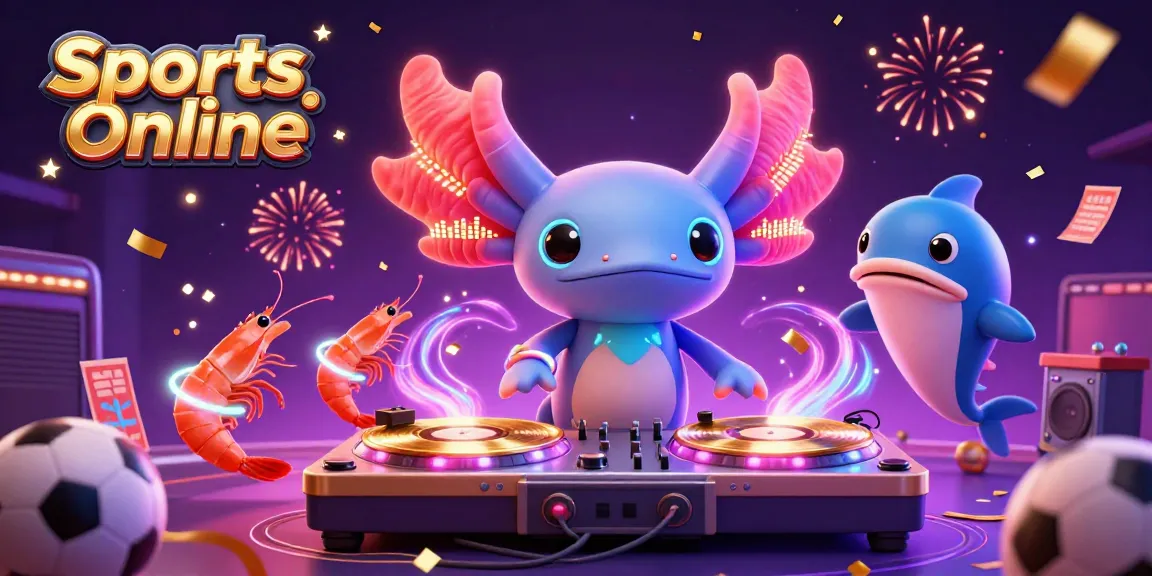 Experience Sports Online betting with a neon axolotl DJ surrounded by vibrant magical elements.
