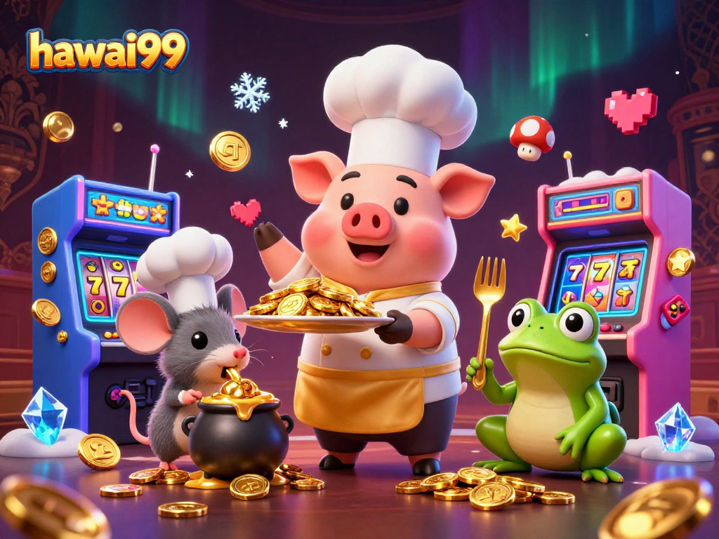Experience big wins with hawai99 featuring a chef pig and gaming fun in a vibrant casino scene.