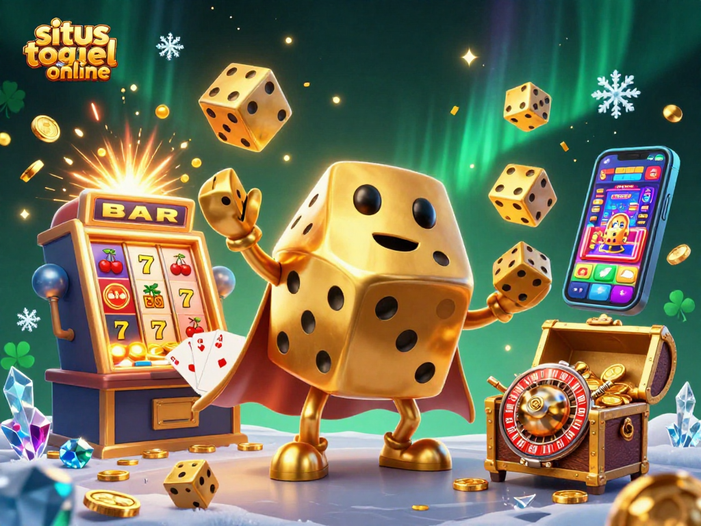 Permainan situs togel online menampilkan dadu emas dan mesin slot dengan efek jackpot.